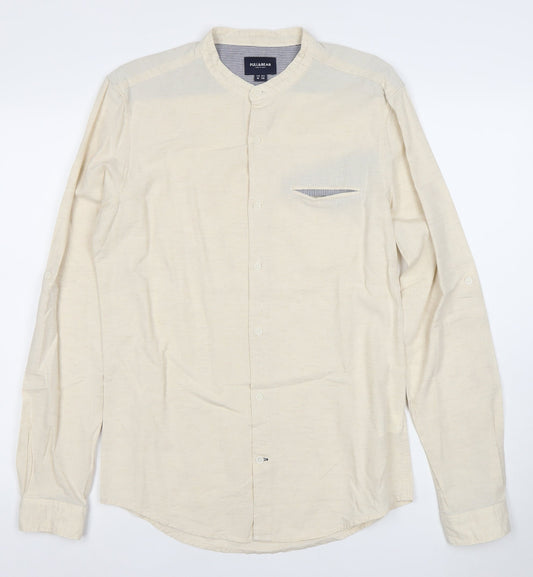 Pull&Bear Men’s Beige Band Collar Long Sleeve Cotton Linen Shirt M 38