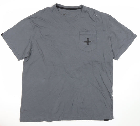 + Mens Grey XL Crew Neck Cotton T-Shirt with Pocket