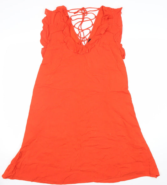 River Island Women’s Orange Shift Dress Size 10 Ruffle Lace-Up Summer