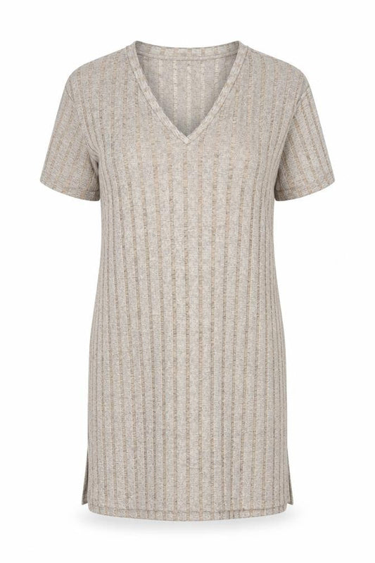 Zara Women Beige XL T-Shirt Dress V-Neck Short Sleeve Casual