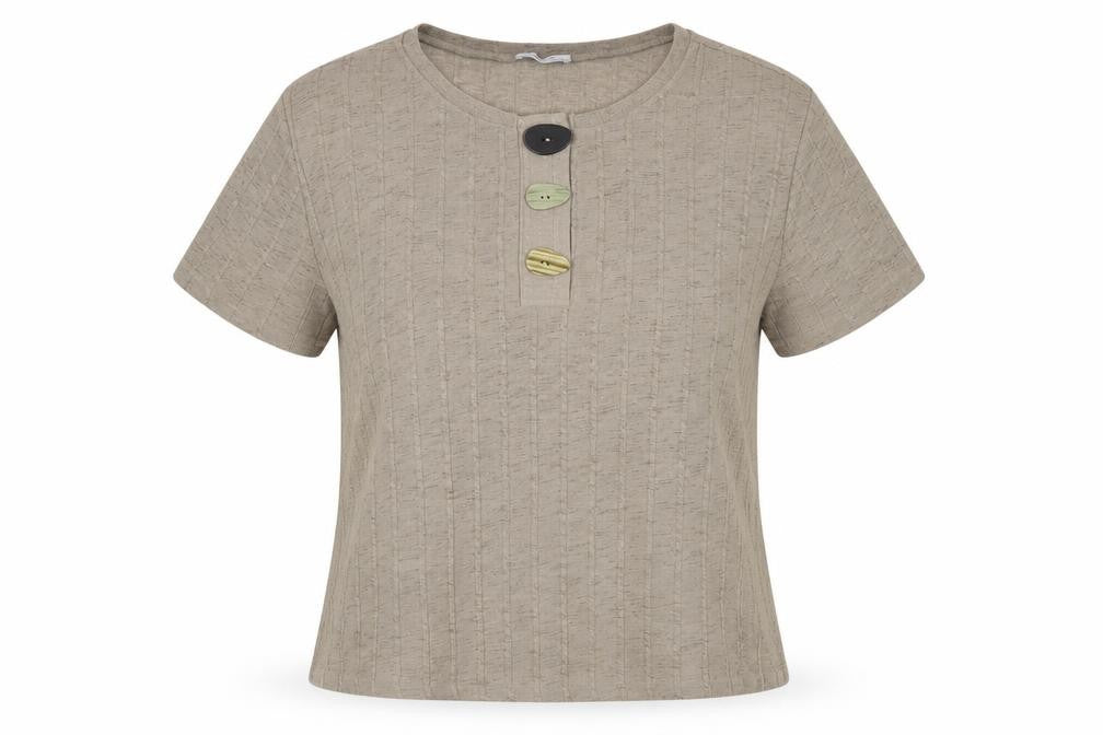 Zara Women Beige Cotton Henley Jumper Size 12 Short Sleeve