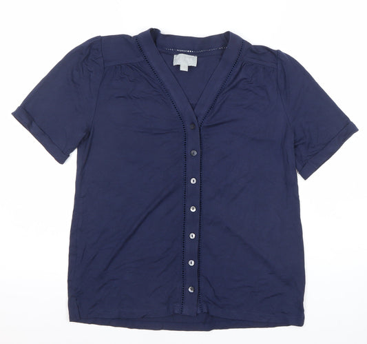 Pure Collection Womens Blue Size 8 Button Up V-Neck Top