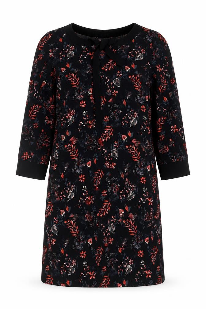 Miss Captain Womens Black Floral Shift Dress Size 12 3/4 Sleeve Bow Detail