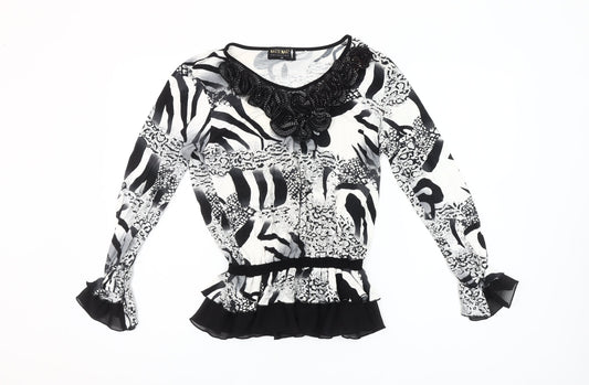 Markwar Women’s Black White Animal Print Beaded Blouse Size 14
