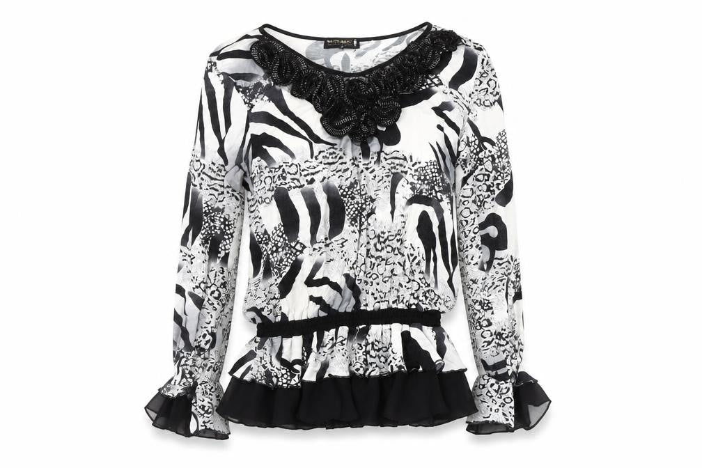 Markwar Women’s Black White Animal Print Beaded Blouse Size 14