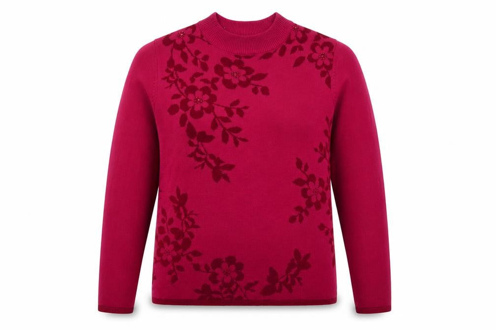 Fay Louise Womens Pink Floral Beaded Pullover Jumper M Mock Neck