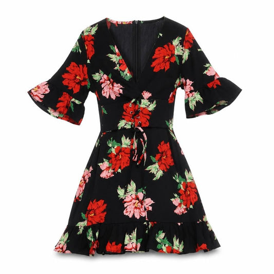 PRETTYLITTLETHING Women’s Black Floral Skater Dress Size 4