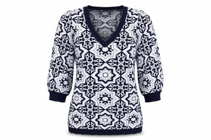 Front view of Gallery Women’s Blue XS Geometric V-Neck Knit jumper