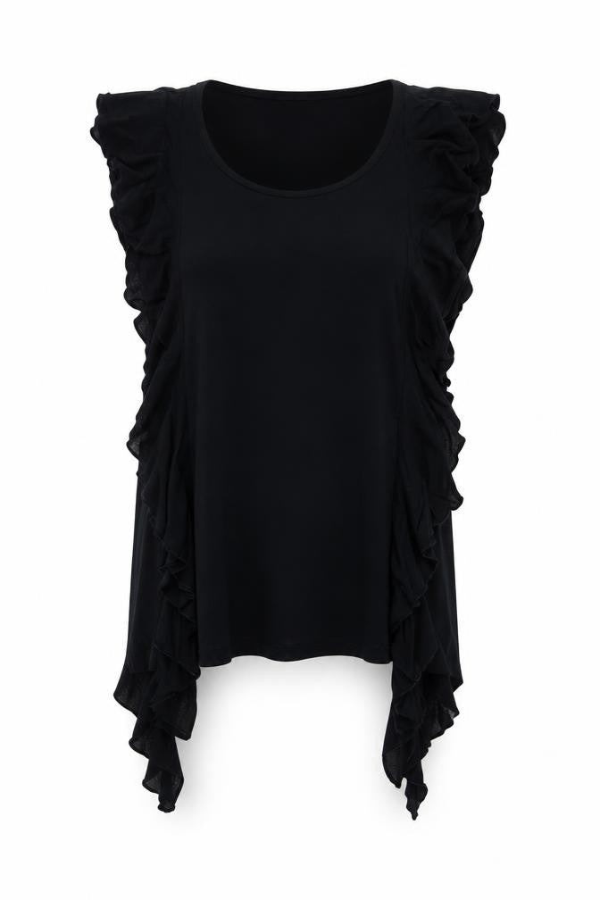 Twist Women’s Black Ruffle Tunic Blouse Size L Sleeveless Scoop Neck
