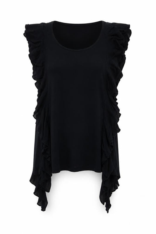 Twist Women’s Black Ruffle Tunic Blouse Size L Sleeveless Scoop Neck