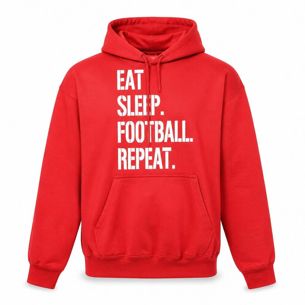 New Spirit Men’s Red Pullover Hoodie Size M Eat Sleep Football Repeat