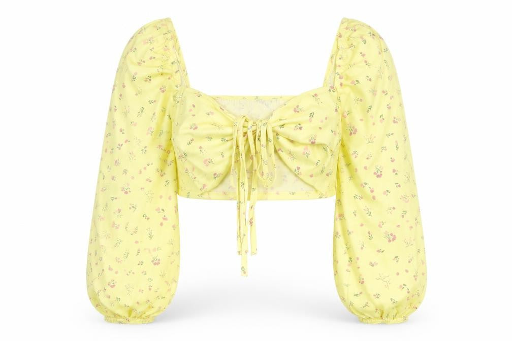 PRETTYLITTLETHING Womens Yellow Floral Cropped Blouse Size 12
