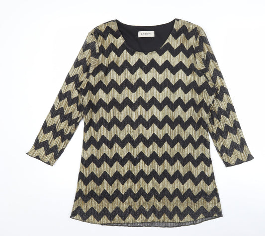 Bassini Womens Black Gold Tunic Blouse Size 16 Scoop Neck Party Top