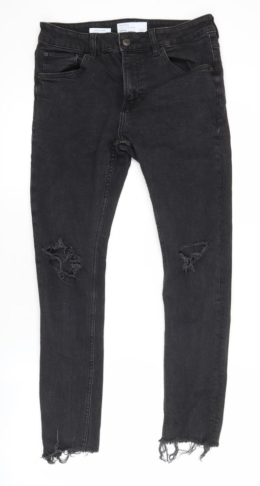 Bershka Womens Black Skinny Distressed Jeans Size 10 Slim Fit Denim