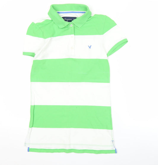 American Eagle Womens Green White Striped Polo Shirt Size M Casual