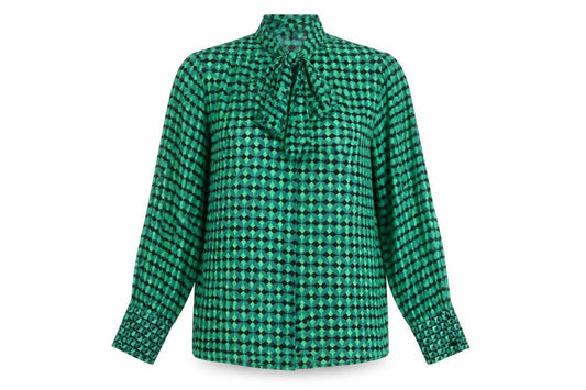 Front view of Dunnes women’s green geometric bow neck long sleeve blouse m