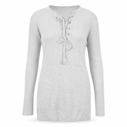 Front view of Jacqueline de Yong women’s grey long sleeve lace up tunic top s