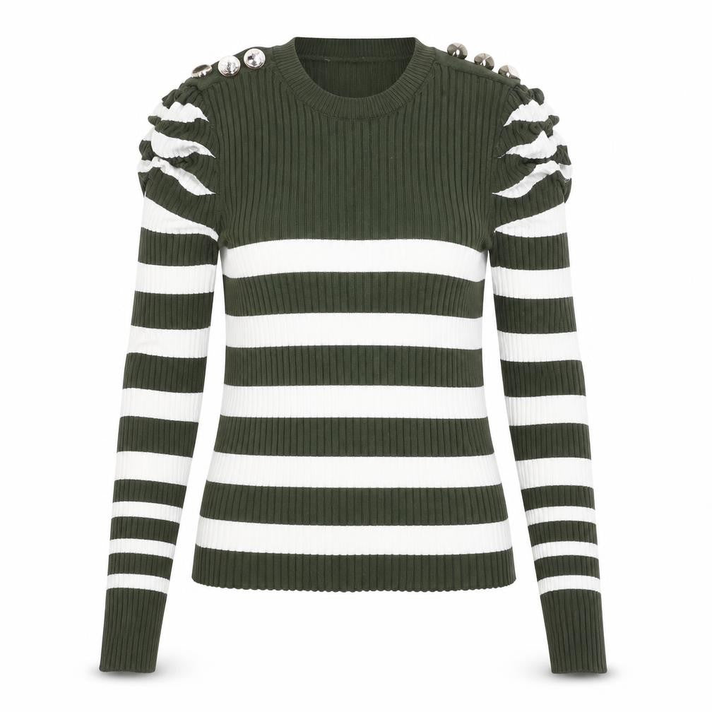 Savida Women’s Green White Striped Puff Sleeve Knit Top Size 10