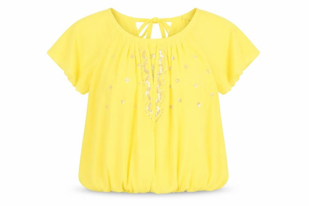 Et Vous Womens Yellow Blouse Size 8 Short Sleeve Sequin Tunic