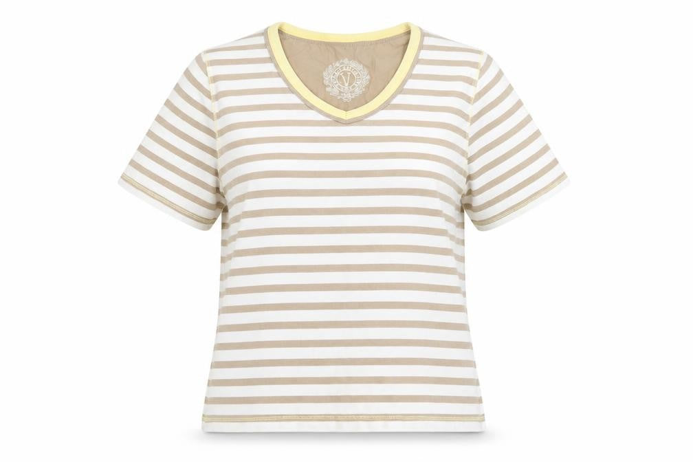 Viyella Women's Beige Striped Cotton T-Shirt M Short Sleeve V-Neck