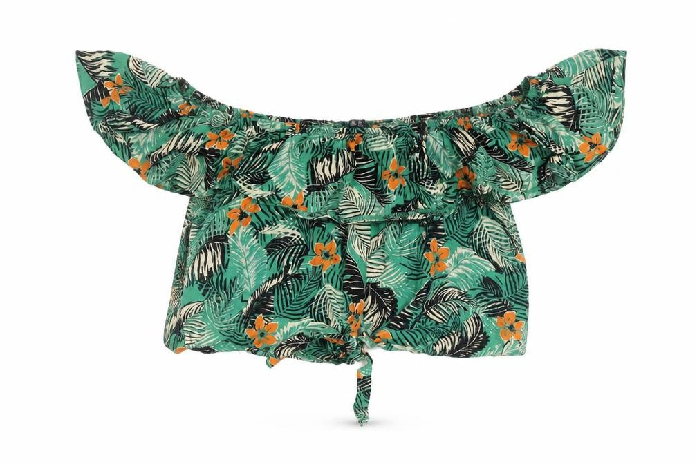 New Look Womens Green Tropical Floral Off Shoulder Cropped Blouse Size 16