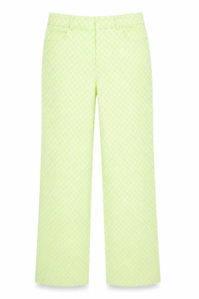 Zara Women Green Check Straight Leg Cotton Blend Trousers Size S
