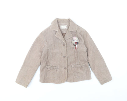 Additional front view of mamas & papas girls’ brown herringbone cotton coat 6-7 years buttoned