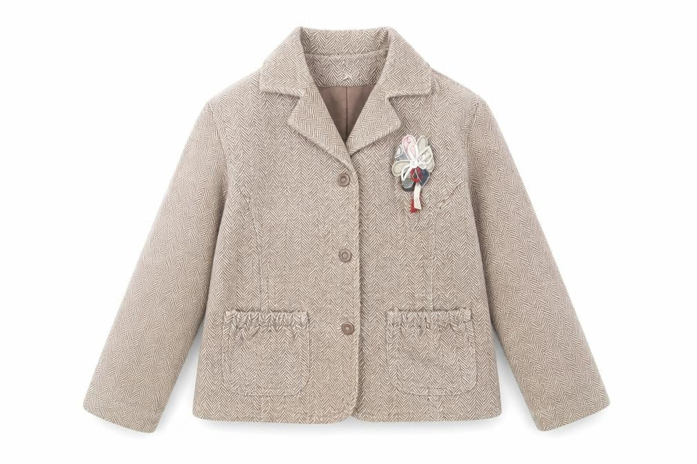 Mamas & Papas Girls Brown Herringbone Cotton Coat 6-7 Years Buttoned