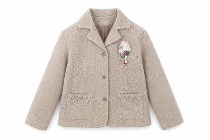 Front view of mamas & papas girls’ brown herringbone cotton coat 6-7 years buttoned