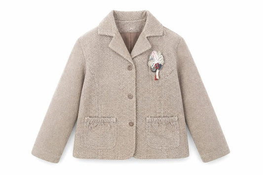 Mamas & Papas Girls Brown Herringbone Cotton Coat 6-7 Years Buttoned