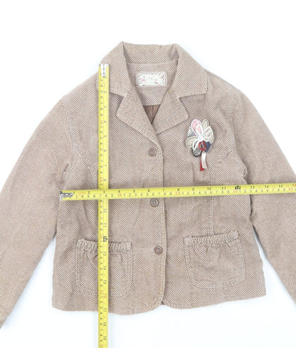 Back view of mamas & papas girls’ brown herringbone cotton coat 6-7 years buttoned