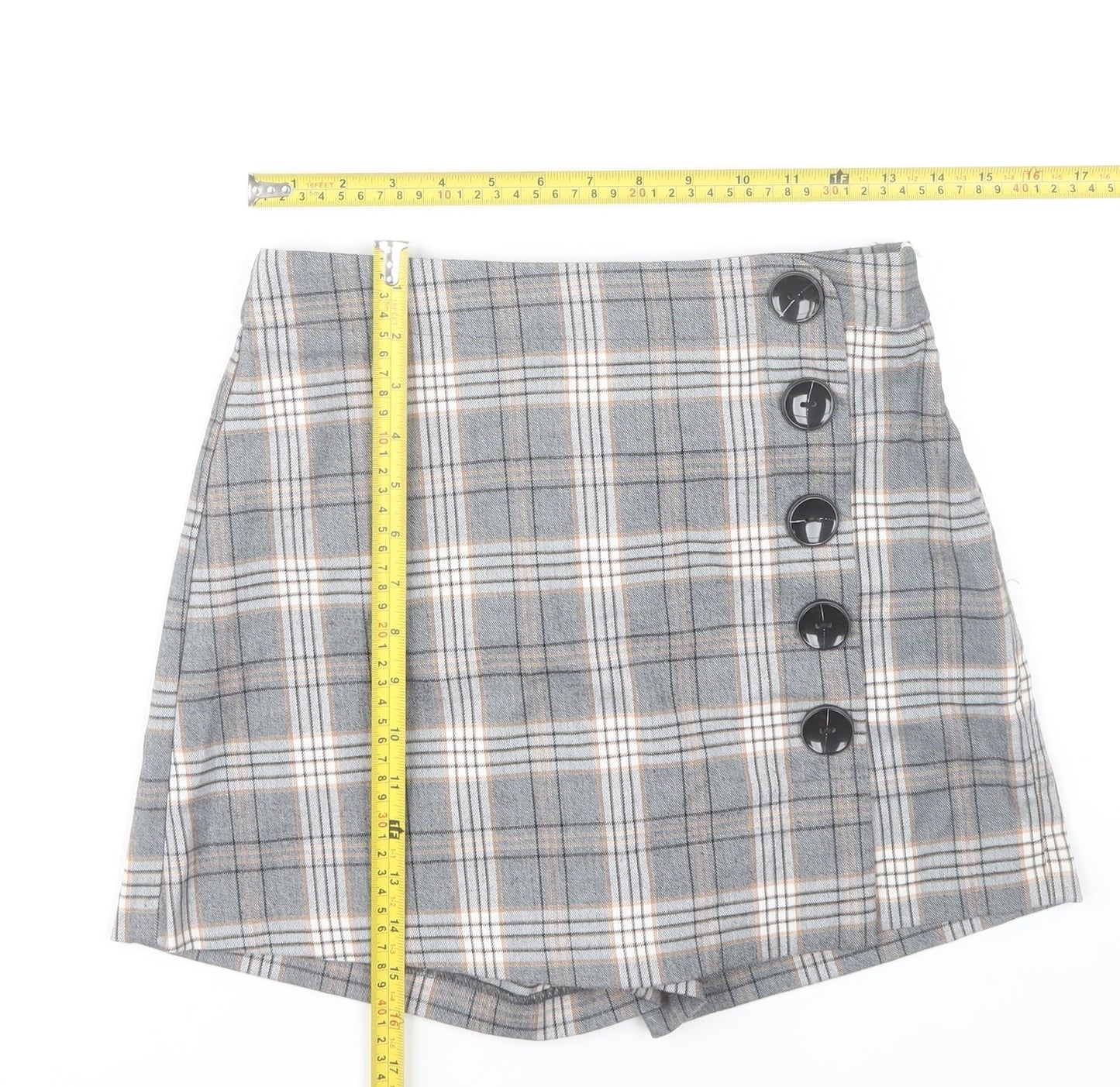 Stradivarius Women’s Grey Plaid Skort Size 8 Button Detail Short
