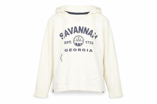 Front view of U.S. Vintage women’s ivory pullover hoodie small savannah logo