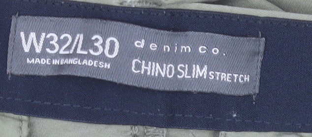 Denim Co. Men's Green Slim Fit Chino Trousers W32 L30