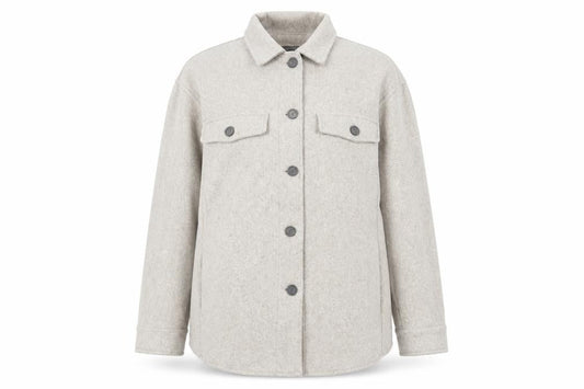 Front view of Dunnes women’s beige poly jacket, size UK 12, collared casual
