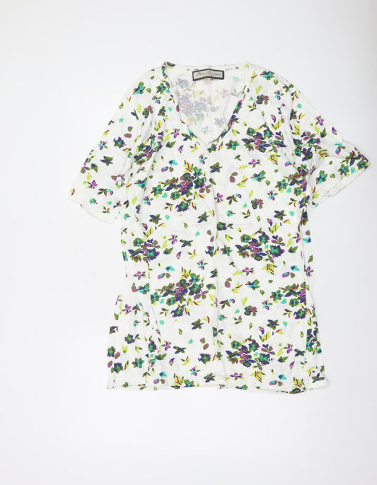 Paco Boutique Women’s White Floral Blouse Top XL Cotton Tunic V-Neck