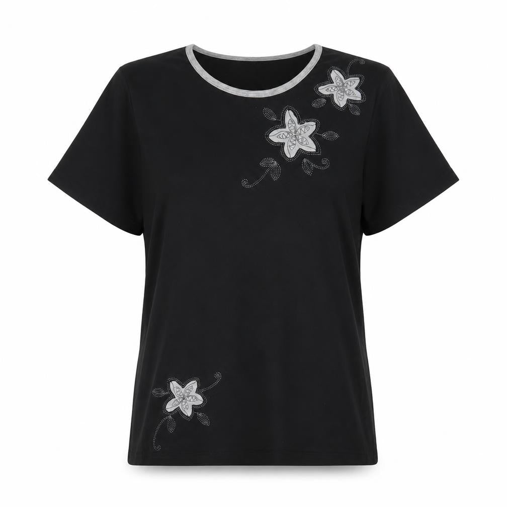 Fay Louise Women’s Black Floral Embroidered T-Shirt Size M