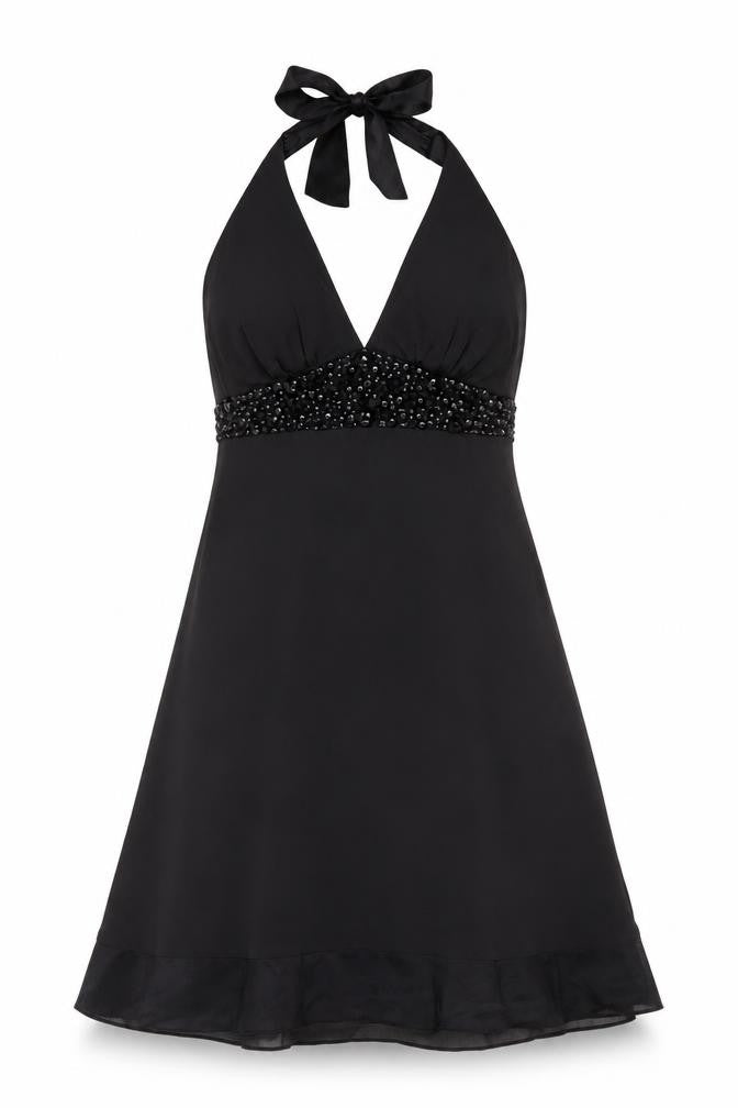 White House Black Market Women’s Black Silk Halter Beaded A-Line Dress Size 10