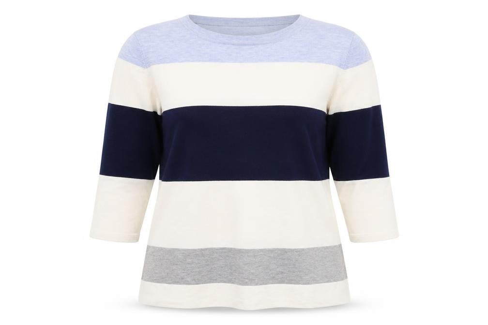 Gallery Womens UK 16 Navy Blue Striped Pullover Jumper 3/4 Sleeve
