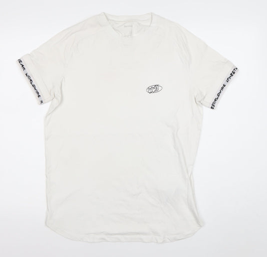 Bershka Men’s White Graphic Logo Short Sleeve T-Shirt Size M