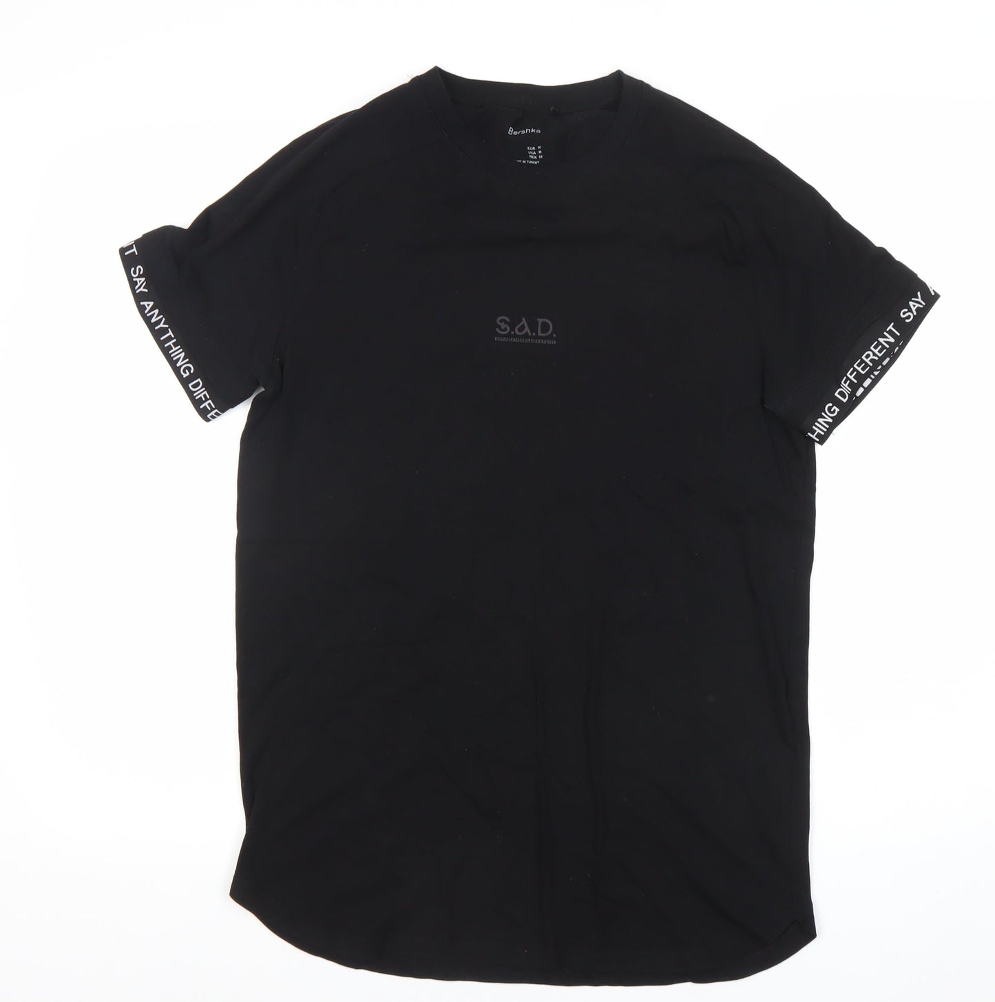 Bershka Mens Black M Graphic Logo Cotton T-Shirt Regular Fit