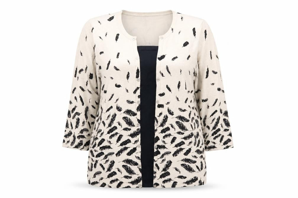 Just Elegance Womens Beige Feather Print Cardigan L 3/4 Sleeve