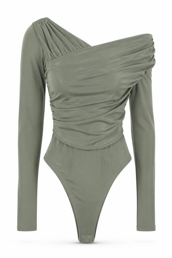 River Island Womens Green Size 6 One Shoulder Long Sleeve Ruched Bodysuit