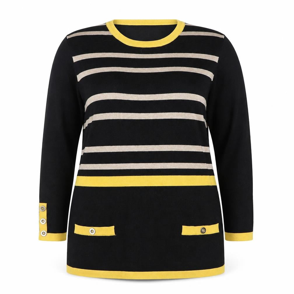 Text. Womens L Black Yellow Striped Pullover Knit Jumper
