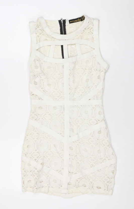 Missguided Women Ivory Lace Bodycon Mini Dress Size 10 Zip Cocktail