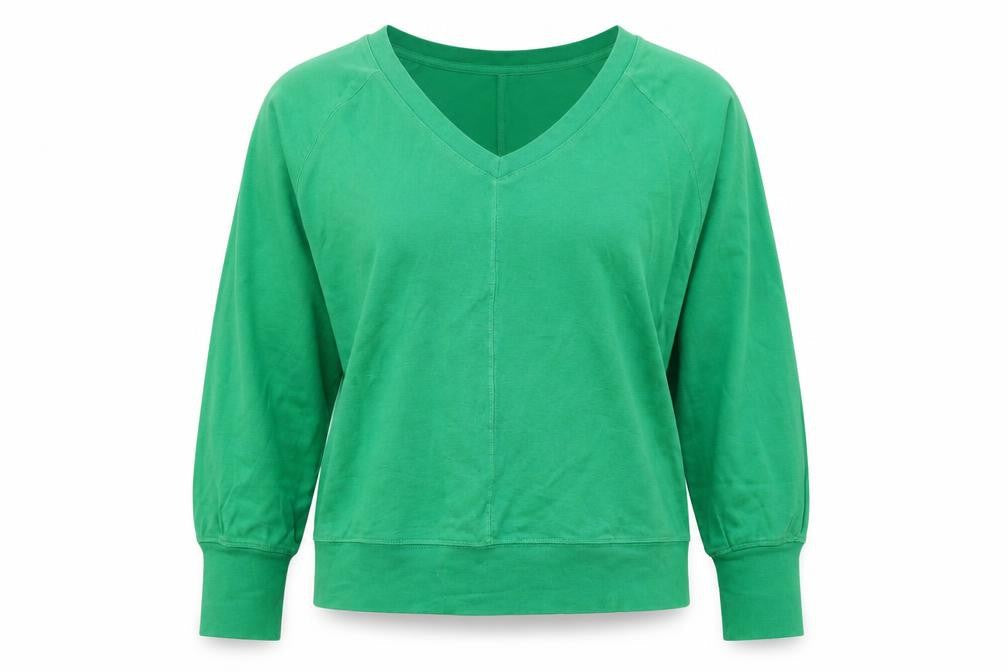 Hush Women's Green V-Neck Relaxed Fit Cotton Long Sleeve T-Shirt Size S
