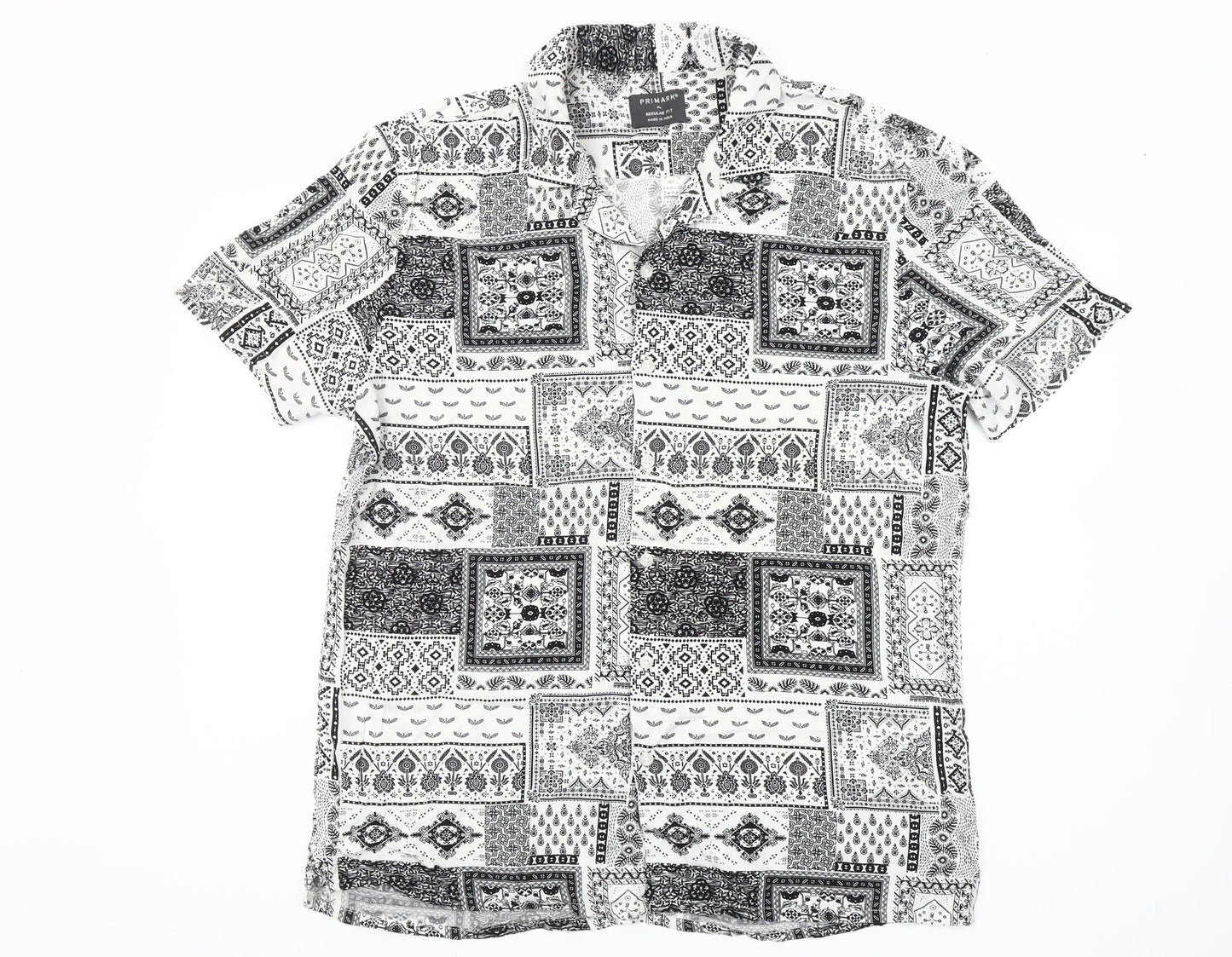 Primark Mens XL Black White Geometric Short Sleeve Button-Up Shirt