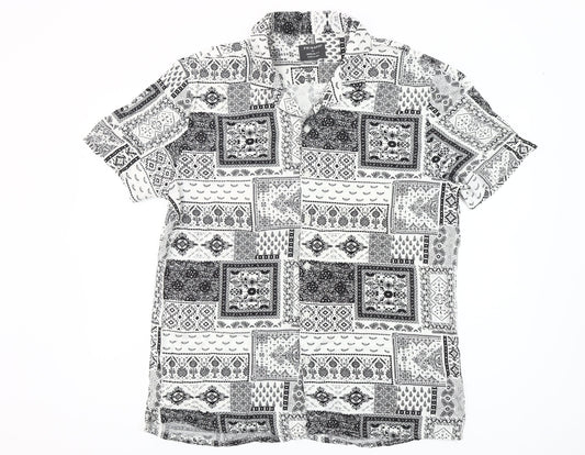 Primark Mens XL Black White Geometric Short Sleeve Button-Up Shirt