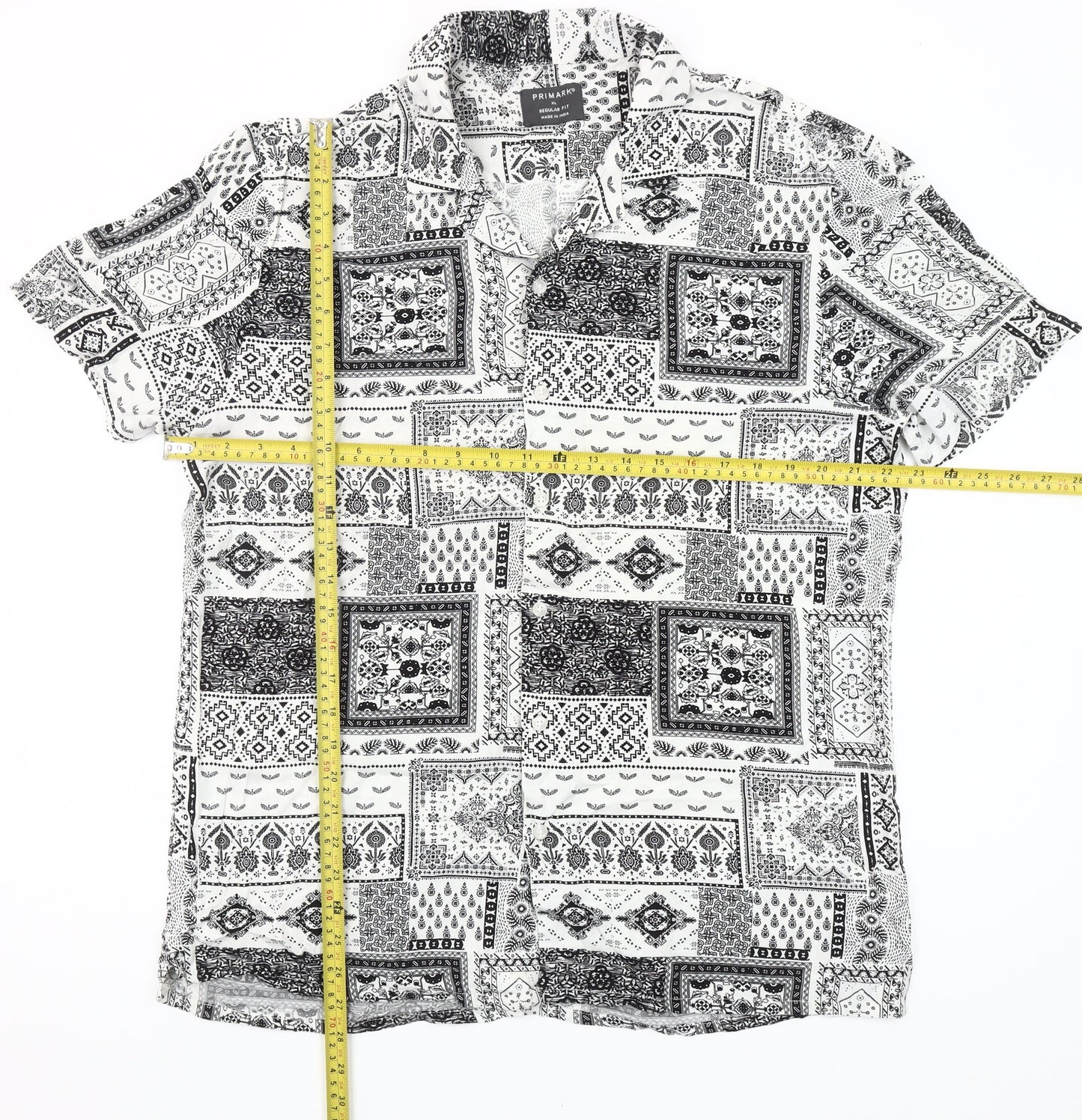 Primark Mens XL Black White Geometric Short Sleeve Button-Up Shirt