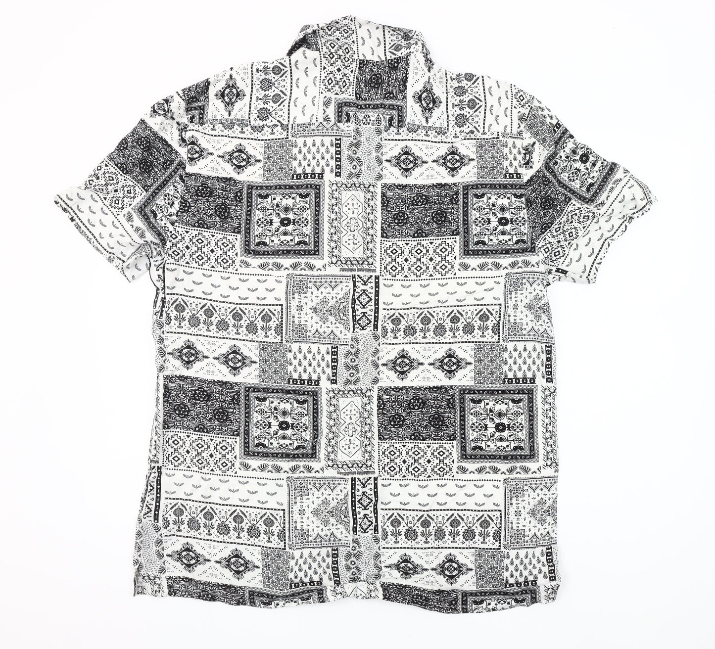 Primark Mens XL Black White Geometric Short Sleeve Button-Up Shirt